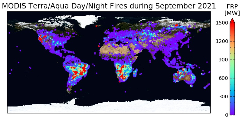 Image of MODIS Fires around the world displayed according to FRP